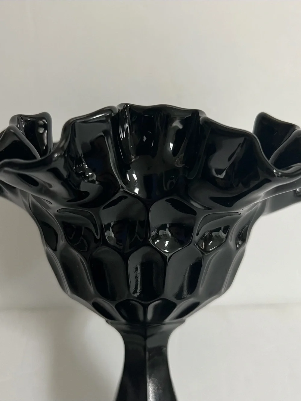 Glossy Black Ruffled Pedestal Compote